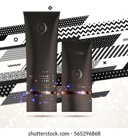 Cosmetics ads with hydrating facial cream mask bottle isolated on glitter particles background with geometric modern elements