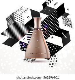 Cosmetics ads with hydrating facial cream mask bottle isolated on glitter particles background with geometric modern elements