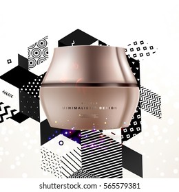 Cosmetics ads with hydrating facial cream mask bottle isolated on glitter particles background with geometric modern elements