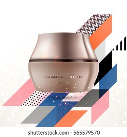 Cosmetics ads with hydrating facial cream mask bottle isolated on glitter particles background with geometric modern elements