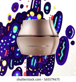 Cosmetics ads with hydrating facial cream mask bottle isolated on glitter particles background with geometric modern elements