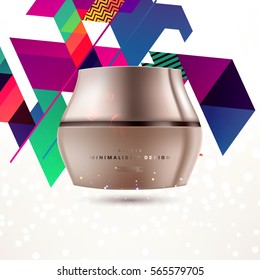 Cosmetics ads with hydrating facial cream mask bottle isolated on glitter particles background with geometric modern elements