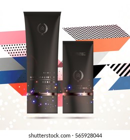 Cosmetics ads with hydrating facial cream mask bottle isolated on glitter particles background with geometric modern elements