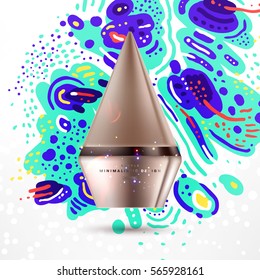 Cosmetics ads with hydrating facial cream mask bottle isolated on glitter particles background with geometric modern elements