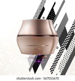 Cosmetics ads with hydrating facial cream mask bottle isolated on glitter particles background with geometric modern elements