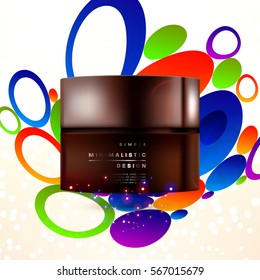 Cosmetics ads with hydrating facial cream mask bottle isolated on glitter particles background with geometric modern elements