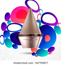 Cosmetics ads with hydrating facial cream mask bottle isolated on glitter particles background with geometric modern elements