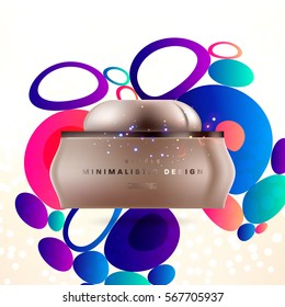 Cosmetics ads with hydrating facial cream mask bottle isolated on glitter particles background with geometric modern elements