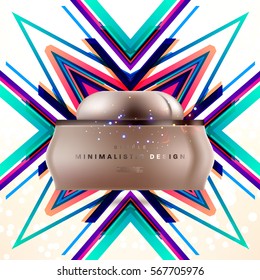 Cosmetics ads with hydrating facial cream mask bottle isolated on glitter particles background with geometric modern elements