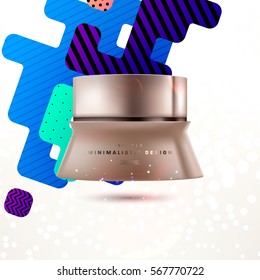 Cosmetics ads with hydrating facial cream mask bottle isolated on glitter particles background with geometric modern elements