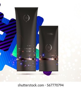 Cosmetics ads with hydrating facial cream mask bottle isolated on glitter particles background with geometric modern elements