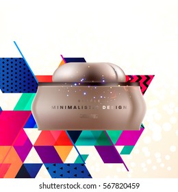 Cosmetics ads with hydrating facial cream mask bottle isolated on glitter particles background with geometric modern elements