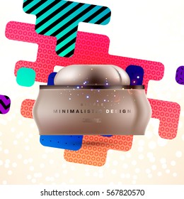 Cosmetics ads with hydrating facial cream mask bottle isolated on glitter particles background with geometric modern elements