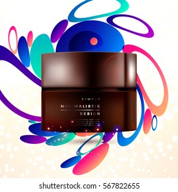 Anúncios cosméticos com hidratante frasco de máscara de creme facial isolado no fundo de partículas de brilho com elementos geométricos modernos