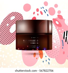 Cosmetics ads with hydrating facial cream mask bottle isolated on glitter particles background with geometric modern elements