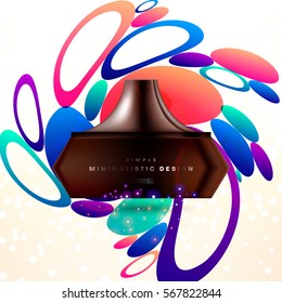 Cosmetics ads with hydrating facial cream mask bottle isolated on glitter particles background with geometric modern elements