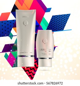 Cosmetics ads with hydrating facial cream mask bottle isolated on glitter particles background with geometric modern elements
