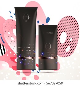 Cosmetics ads with hydrating facial cream mask bottle isolated on glitter particles background with geometric modern elements