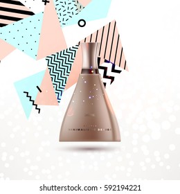 Cosmetics ads with hydrating facial cream mask bottle isolated on glitter particles background with geometric modern elements