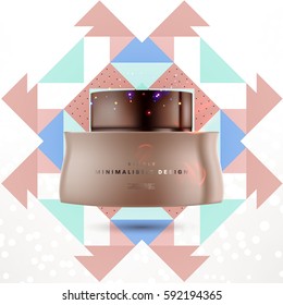 Cosmetics ads with hydrating facial cream mask bottle isolated on glitter particles background with geometric modern elements