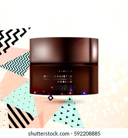 Cosmetics ads with hydrating facial cream mask bottle isolated on glitter particles background with geometric modern elements
