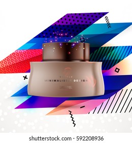 Cosmetics ads with hydrating facial cream mask bottle isolated on glitter particles background with geometric modern elements