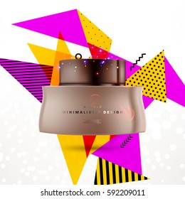 Cosmetics ads with hydrating facial cream mask bottle isolated on glitter particles background with geometric modern elements