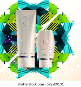 Cosmetics ads with hydrating facial cream mask bottle isolated on glitter particles background with geometric modern elements