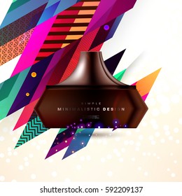 Cosmetics ads with hydrating facial cream mask bottle isolated on glitter particles background with geometric modern elements