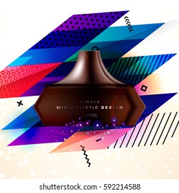 Cosmetics ads with hydrating facial cream mask bottle isolated on glitter particles background with geometric modern elements