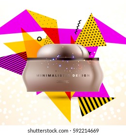 Cosmetics ads with hydrating facial cream mask bottle isolated on glitter particles background with geometric modern elements