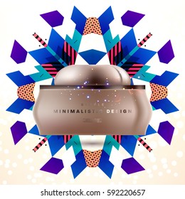 Cosmetics ads with hydrating facial cream mask bottle isolated on glitter particles background with geometric modern elements