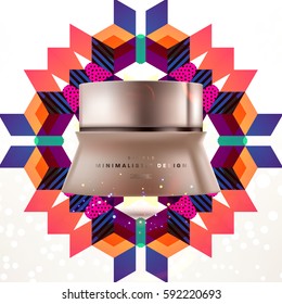 Cosmetics ads with hydrating facial cream mask bottle isolated on glitter particles background with geometric modern elements