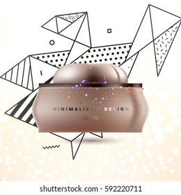 Cosmetics ads with hydrating facial cream mask bottle isolated on glitter particles background with geometric modern elements
