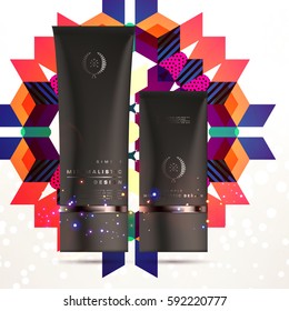 Cosmetics ads with hydrating facial cream mask bottle isolated on glitter particles background with geometric modern elements
