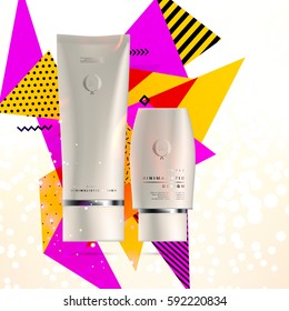 Cosmetics ads with hydrating facial cream mask bottle isolated on glitter particles background with geometric modern elements