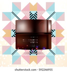 Cosmetics ads with hydrating facial cream mask bottle isolated on glitter particles background with geometric modern elements