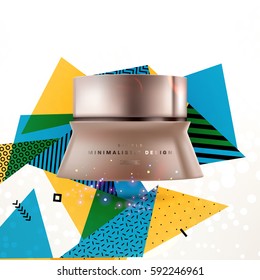 Cosmetics ads with hydrating facial cream mask bottle isolated on glitter particles background with geometric modern elements