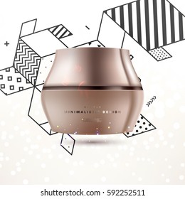 Cosmetics ads with hydrating facial cream mask bottle isolated on glitter particles background with geometric modern elements