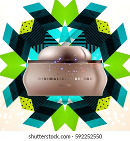 Cosmetics ads with hydrating facial cream mask bottle isolated on glitter particles background with geometric modern elements