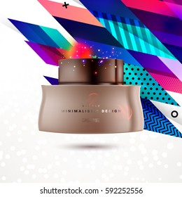 Cosmetics ads with hydrating facial cream mask bottle isolated on glitter particles background with geometric modern elements