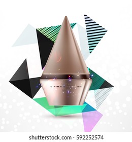 Cosmetics ads with hydrating facial cream mask bottle isolated on glitter particles background with geometric modern elements