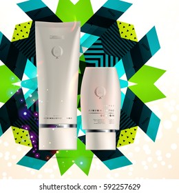 Cosmetics ads with hydrating facial cream mask bottle isolated on glitter particles background with geometric modern elements