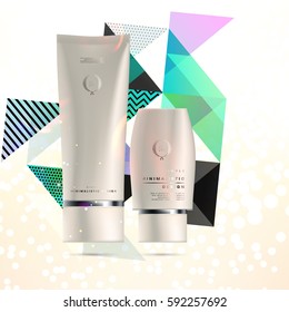 Cosmetics ads with hydrating facial cream mask bottle isolated on glitter particles background with geometric modern elements