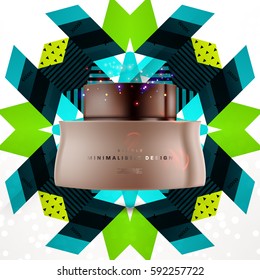 Cosmetics ads with hydrating facial cream mask bottle isolated on glitter particles background with geometric modern elements