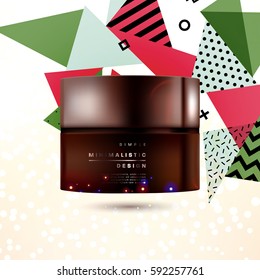Cosmetics ads with hydrating facial cream mask bottle isolated on glitter particles background with geometric modern elements
