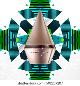 Cosmetics ads with hydrating facial cream mask bottle isolated on glitter particles background with geometric modern elements