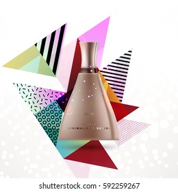 Cosmetics ads with hydrating facial cream mask bottle isolated on glitter particles background with geometric modern elements