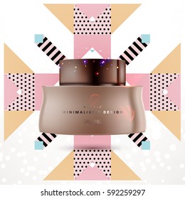 Cosmetics ads with hydrating facial cream mask bottle isolated on glitter particles background with geometric modern elements