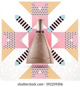 Cosmetics ads with hydrating facial cream mask bottle isolated on glitter particles background with geometric modern elements